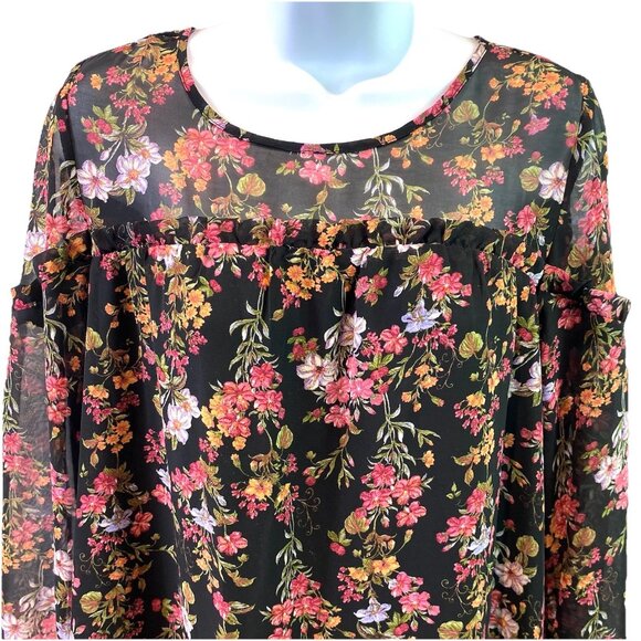 Womens Black Floral Shift Dress Sheer Neckline Sleeves Boho Whimsigoth Sz M - Picture 2 of 10